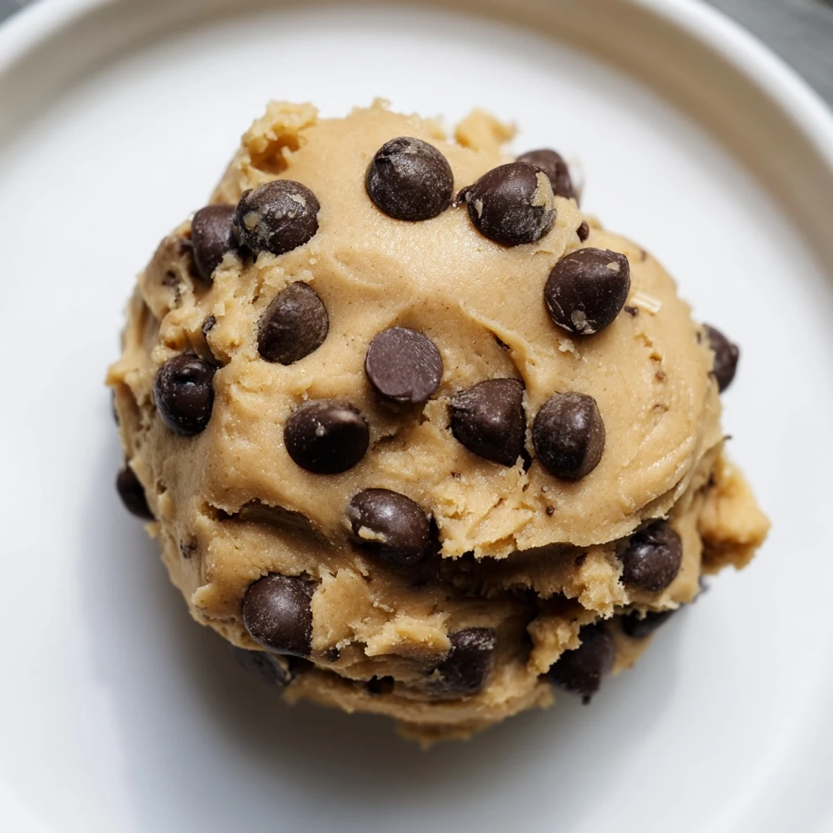 A close-up of Chocolate Chip Greek Yogurt Cookie Dough in a rustic bowl with mini chocolate chips and almond flour.