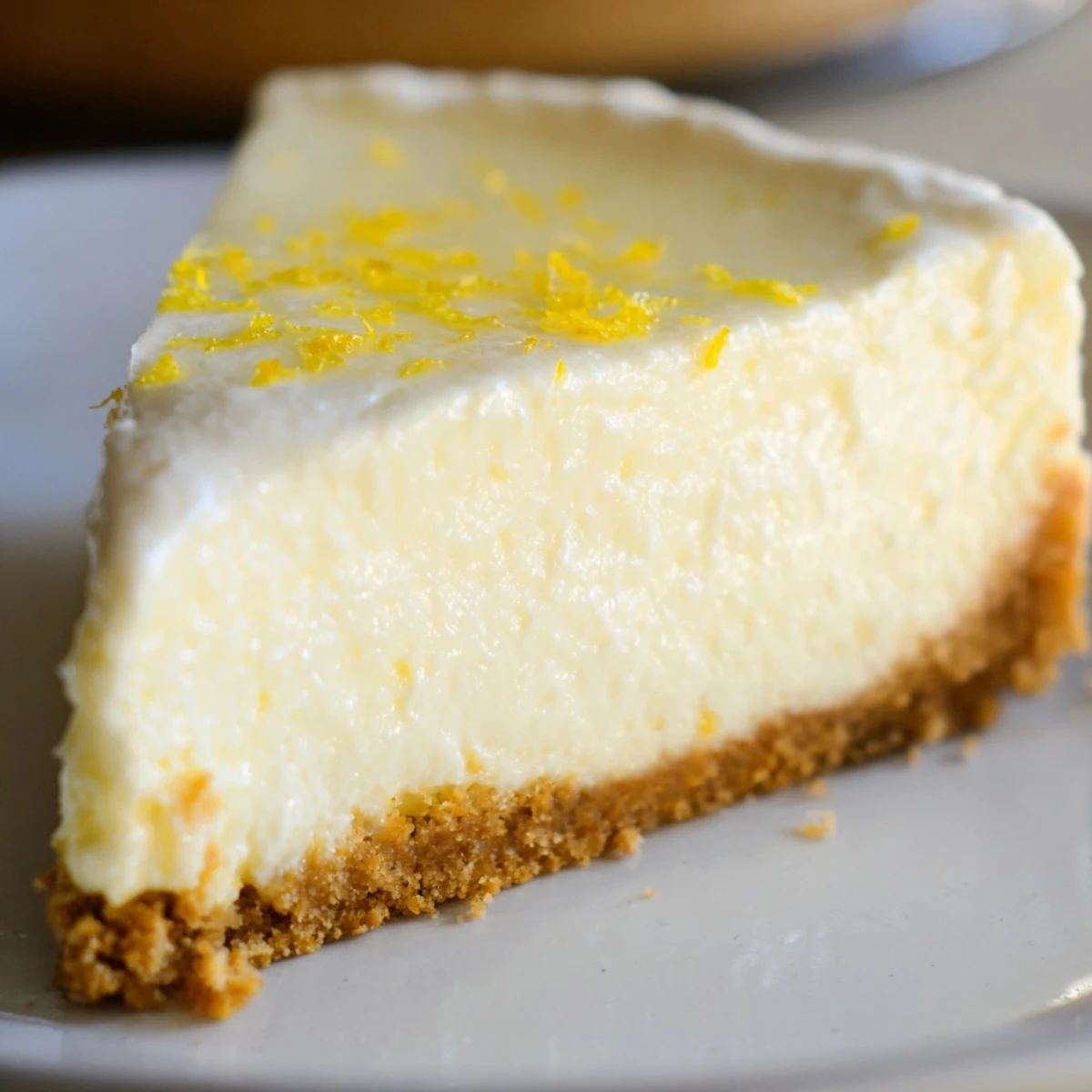 Fresh lemon zest and vanilla scent this smooth Rich Greek Yogurt Cheesecake, served chilled on a dessert plate.