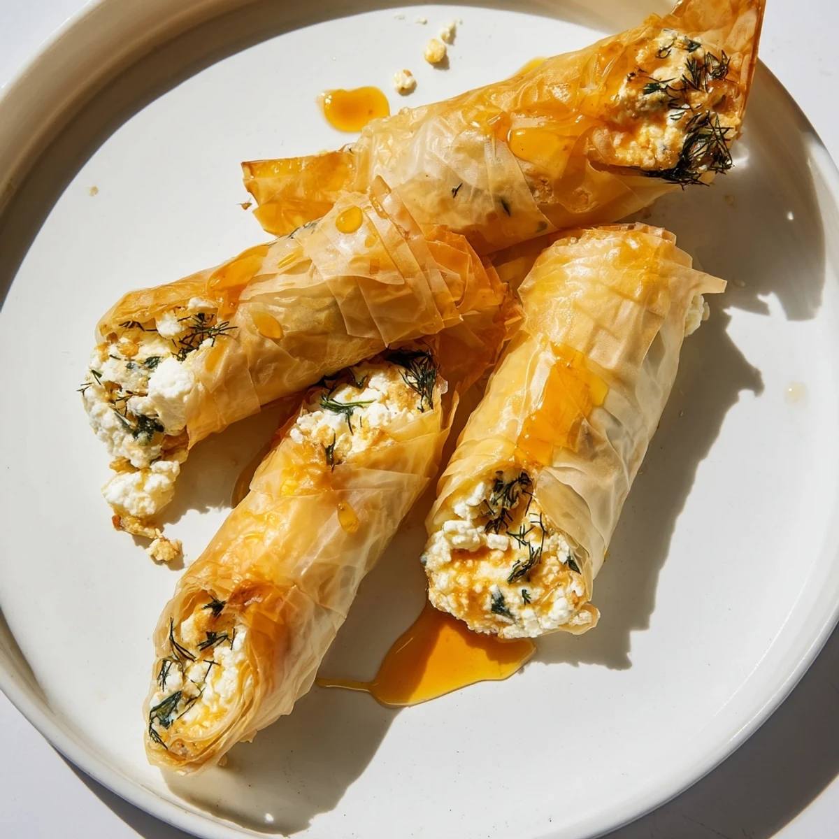 Freshly baked filo pastry with creamy feta and herbs drizzled with sweet and spicy chili honey.