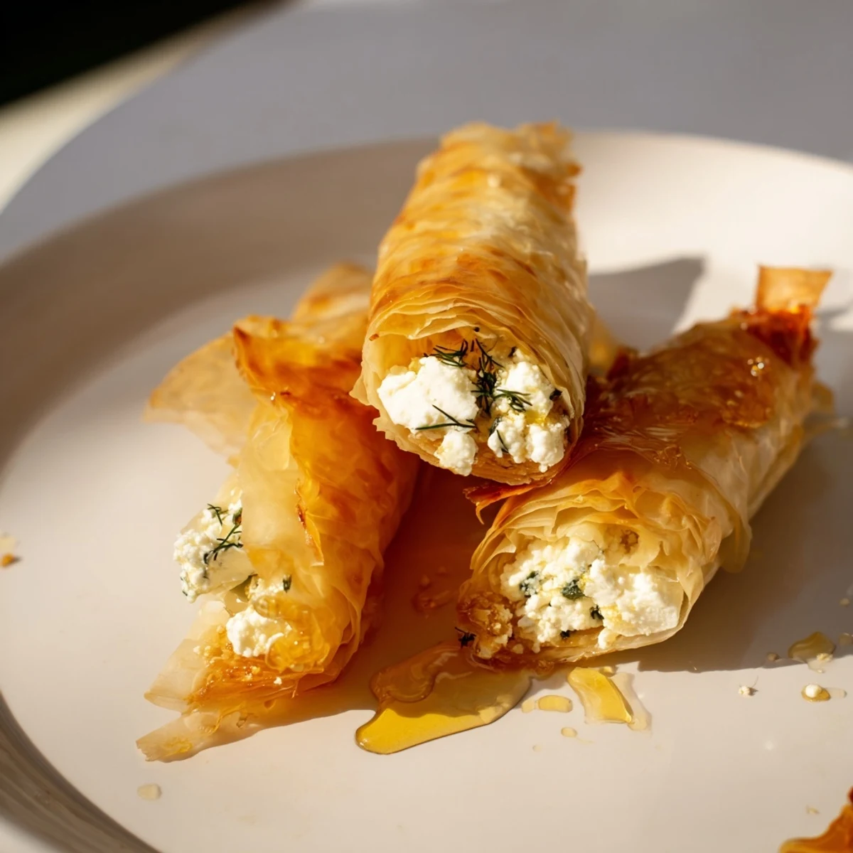 Crispy, golden Oven Fried Feta Rolls With Chili Honey glisten on a white plate, ready to serve.