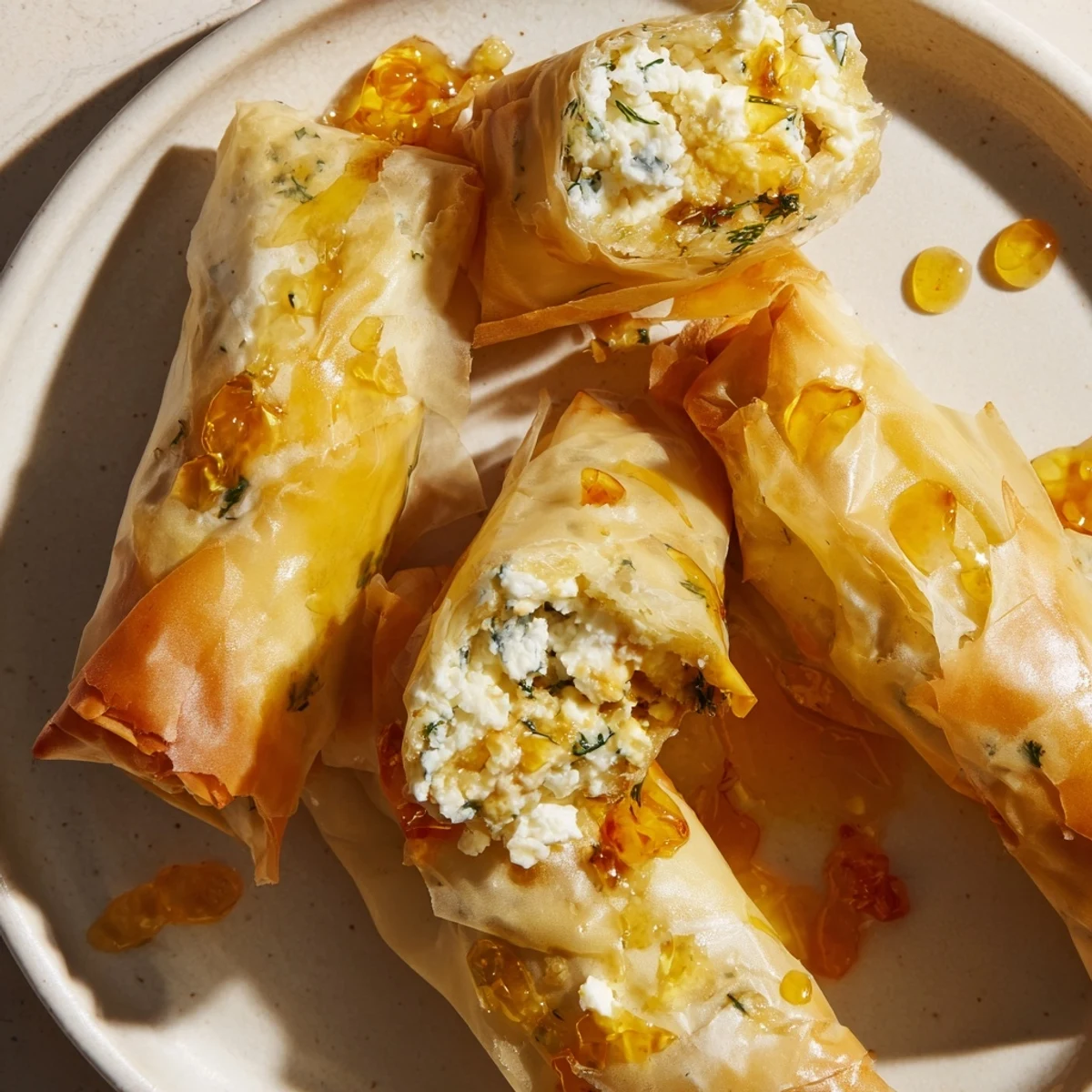 Oven Fried Feta Rolls With Chili Honey stacked high, perfect for a Mediterranean appetizer party platter.