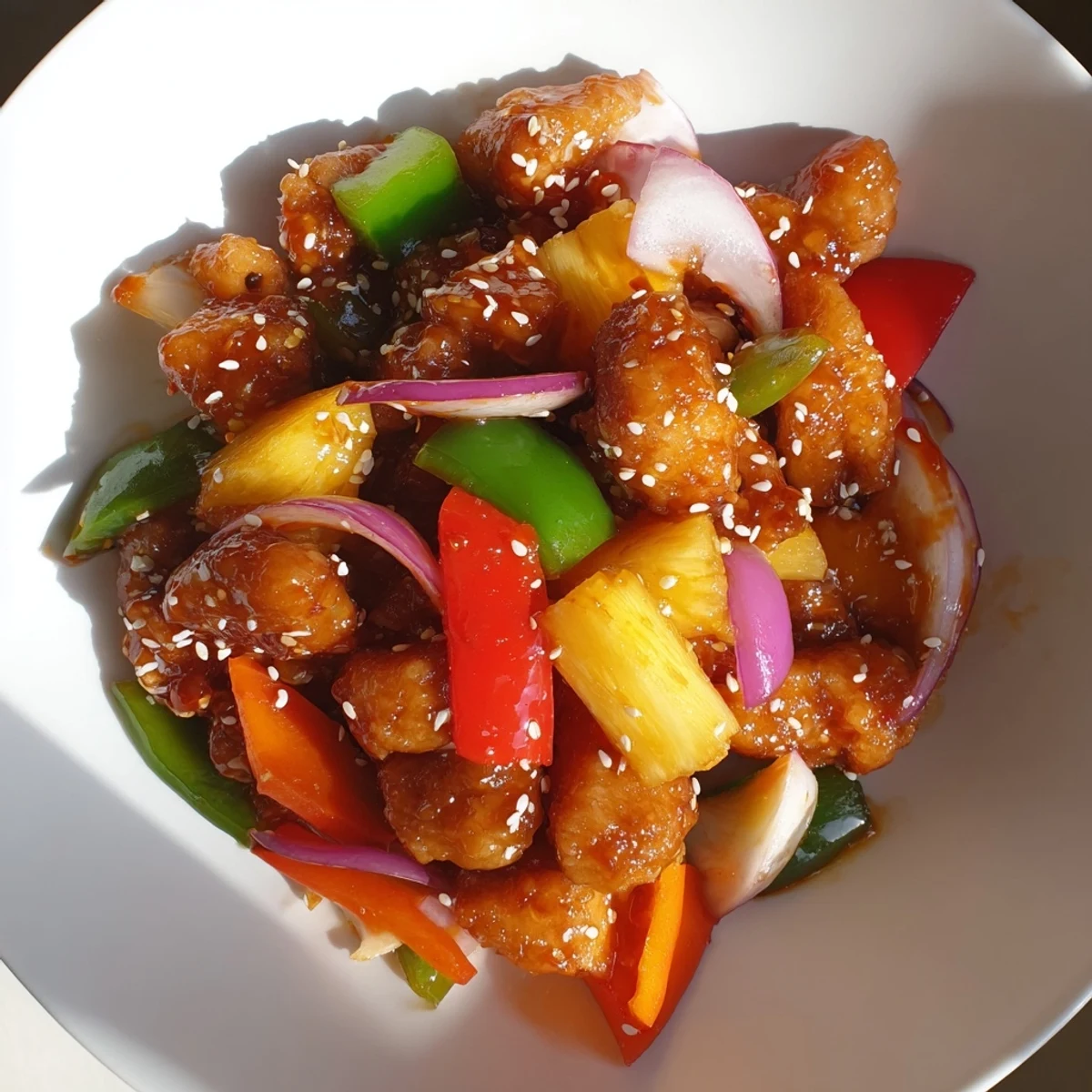 Vibrant Pineapple Chicken Stir Fry with Sweet Chili and Sesame Seeds served steaming over fluffy jasmine rice.
