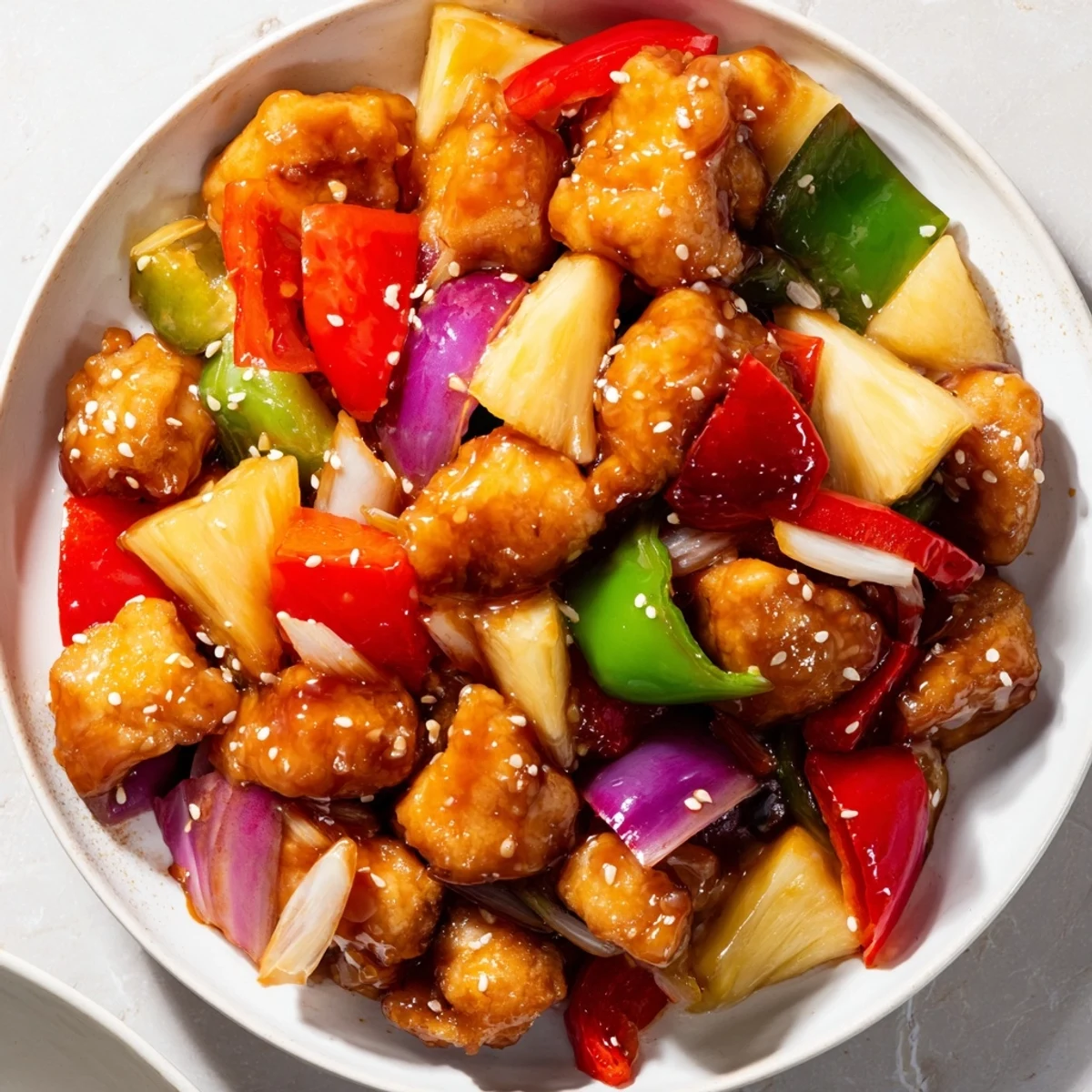 Quick and easy Pineapple Chicken Stir Fry with Sweet Chili and Sesame Seeds glaze ready for dinner.