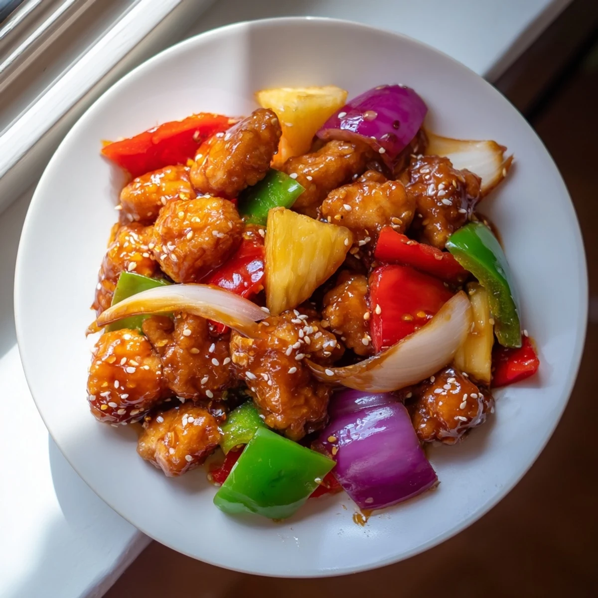 Stir fry wok sizzles with golden chicken, juicy pineapple, crisp peppers in Pineapple Chicken Stir Fry with Sweet Chili and Sesame Seeds.