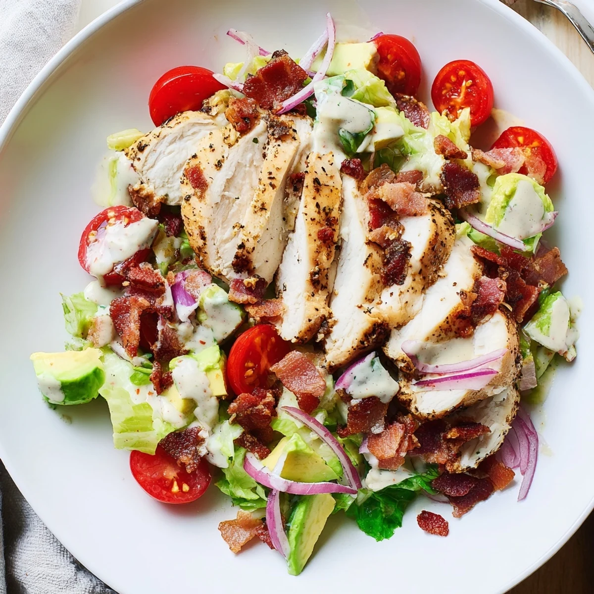Crispy bacon and juicy grilled chicken pieces on romaine lettuce with avocado, tomatoes, and creamy dressing in this BLT Chicken Salad.
