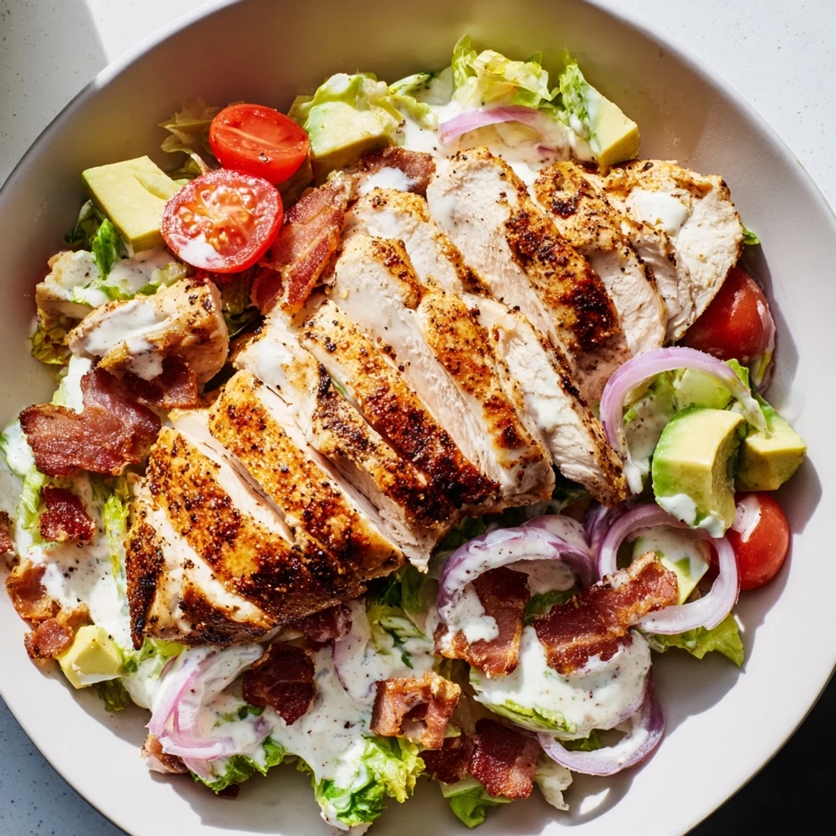 A plated serving of vibrant BLT Chicken Salad with chicken, bacon, lettuce, tomatoes, and herbs on a rustic table setting.