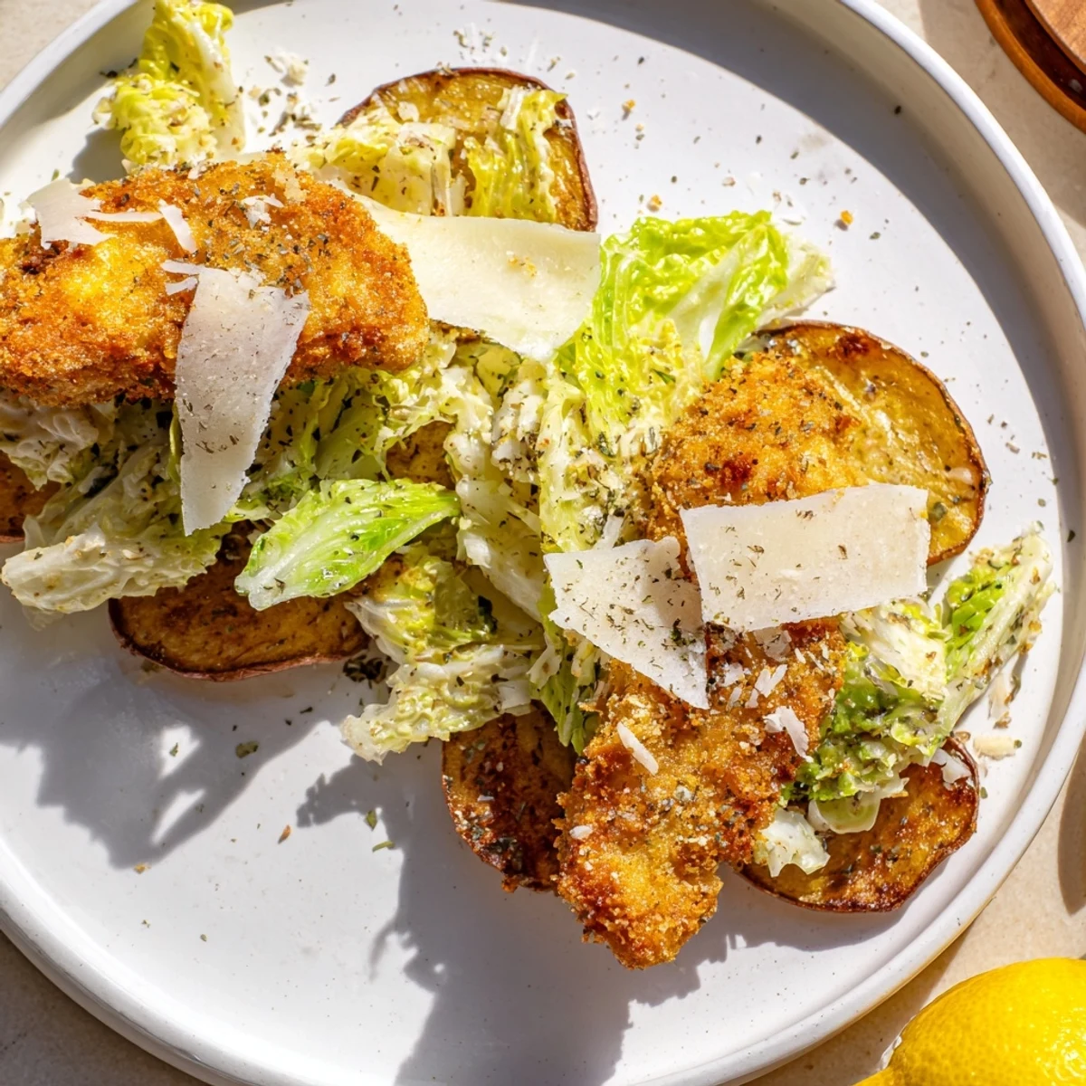 Golden homemade potato chips topped with dressed romaine, crispy breaded chicken strips, and shaved parmesan for a crunchy bite-sized salad appetizer.