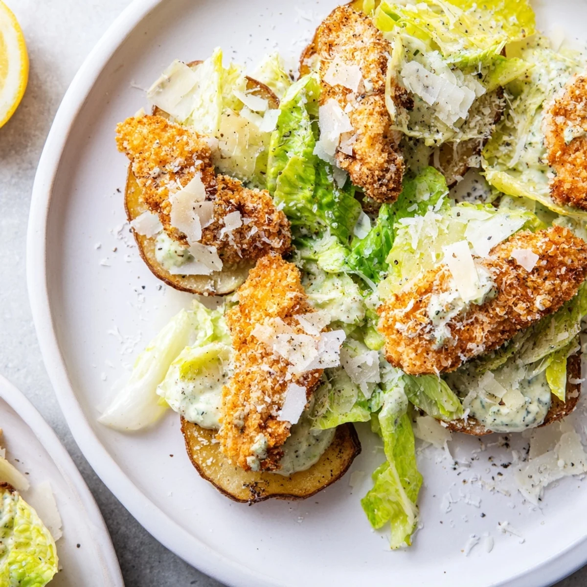 Fresh Crispy Chicken Caesar Salad Chips arranged on a platter with lemon wedges, showcasing layered textures and vibrant greens for serving.