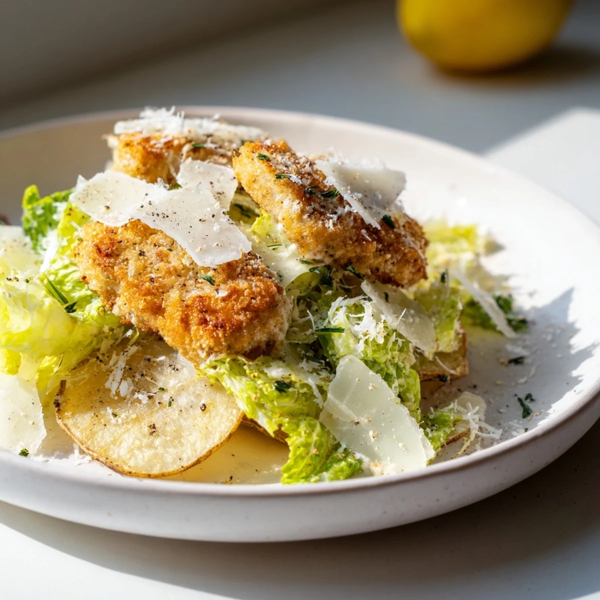 A close-up of baked Crispy Chicken Caesar Salad Chips on a wooden board, with crunchy chicken pieces and creamy Caesar dressing drizzle.