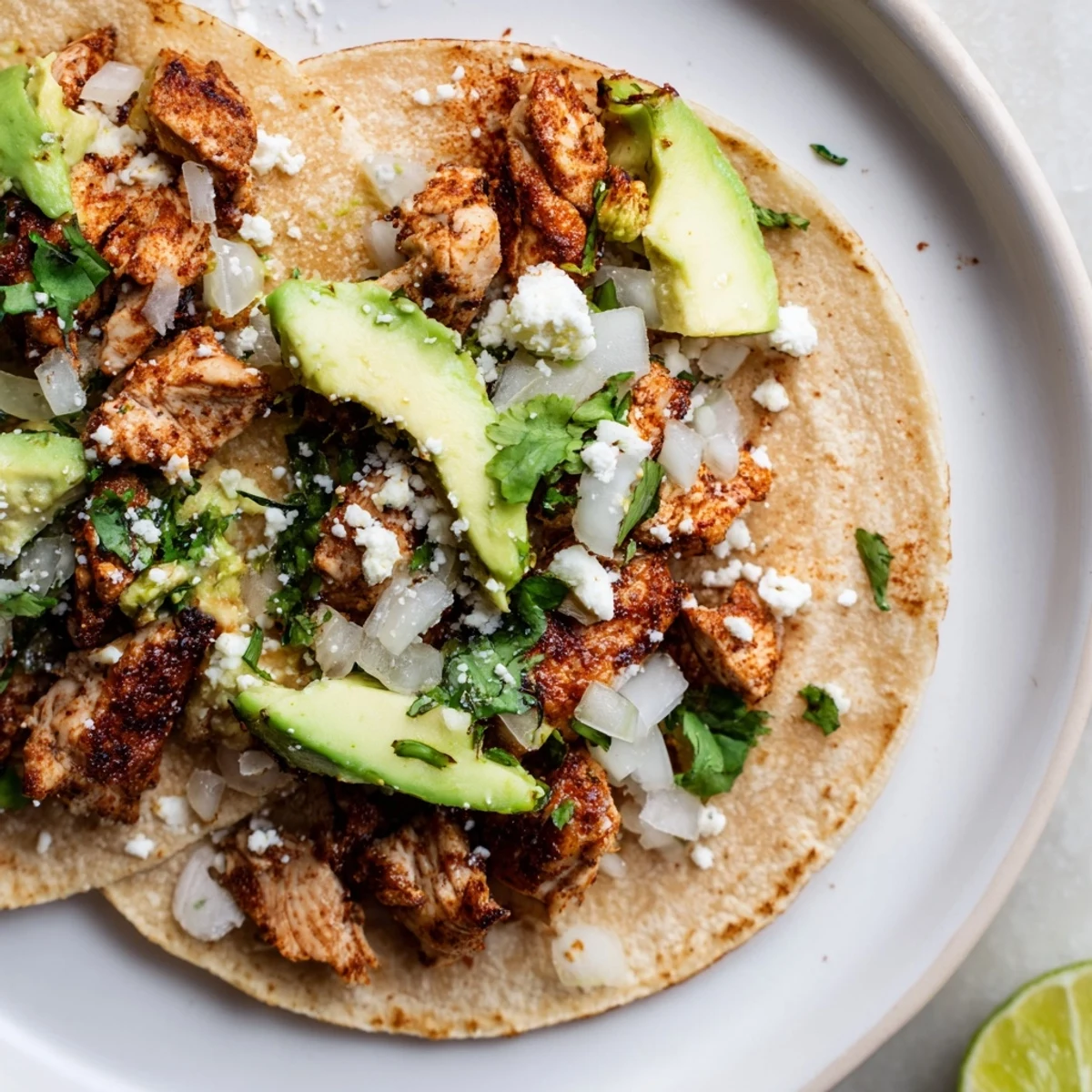 Golden-brown grilled chicken pieces nestled in warm corn tortillas, topped with diced white onion, fresh cilantro, and avocado slices, showcasing these delicious Chicken Street Tacos.