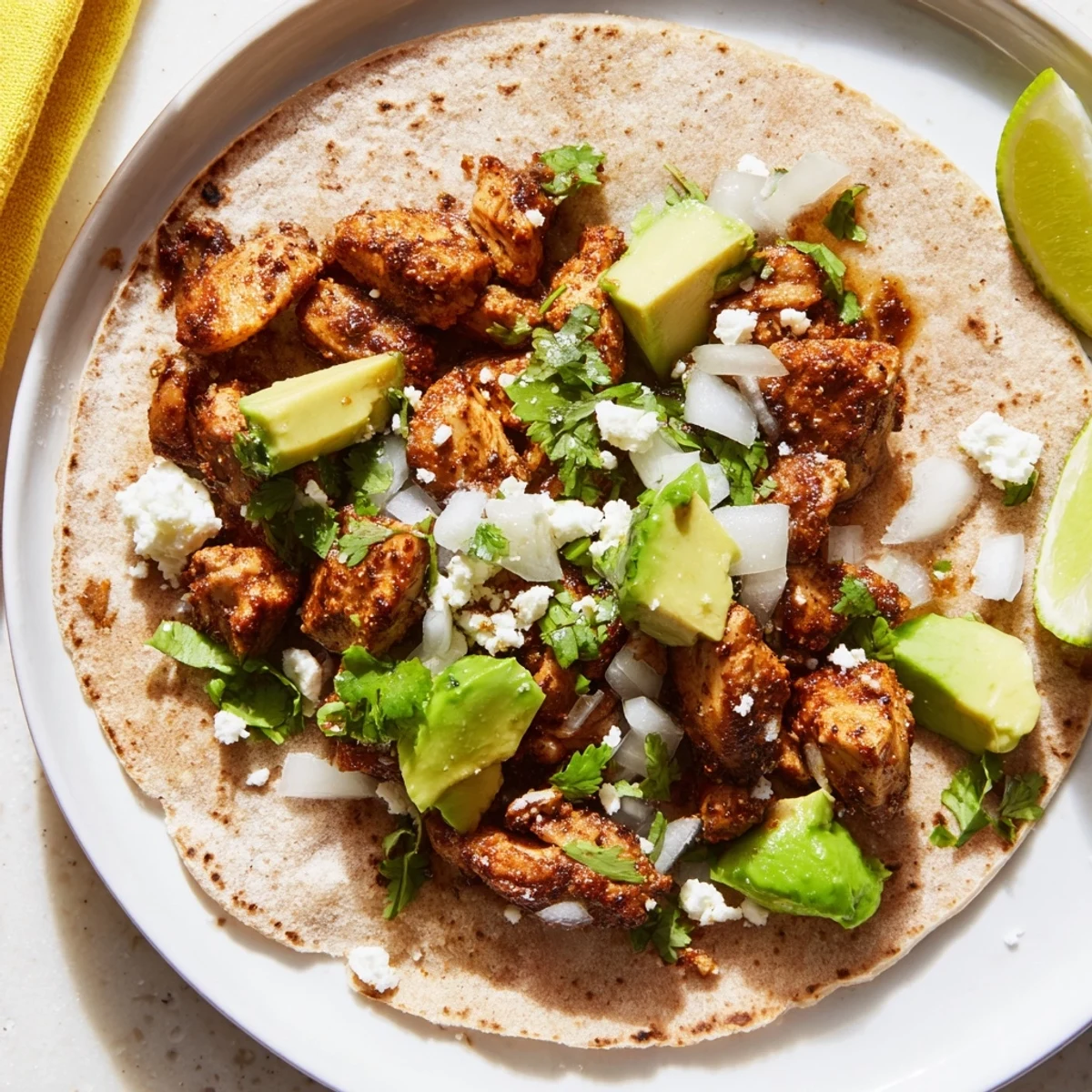 A close-up of Chicken Street Tacos on a rustic wooden table, garnished with lime wedges and crumbled cotija cheese, perfect for an easy weeknight dinner.