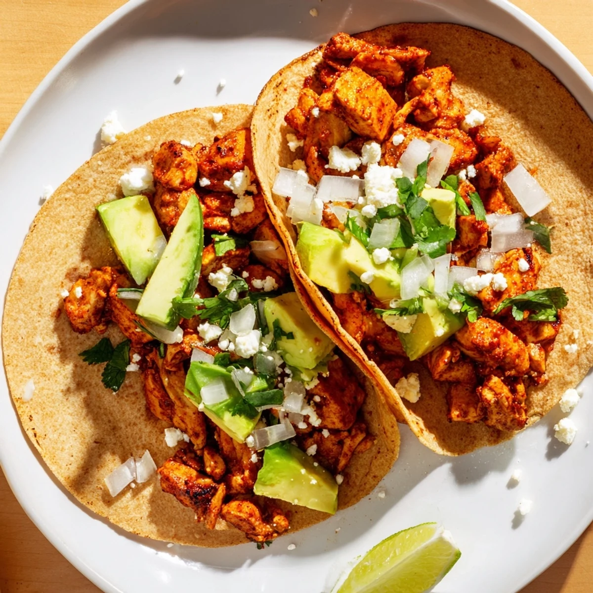 Sizzling, marinated chicken thigh chunks served in soft corn tortillas with vibrant green cilantro and creamy avocado for authentic Chicken Street Tacos.