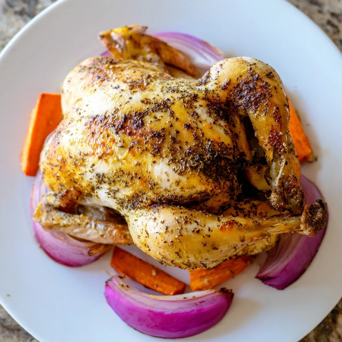 Golden roasted zaatar chicken with crispy skin and juicy meat, garnished with lemon slices on a rustic platter.