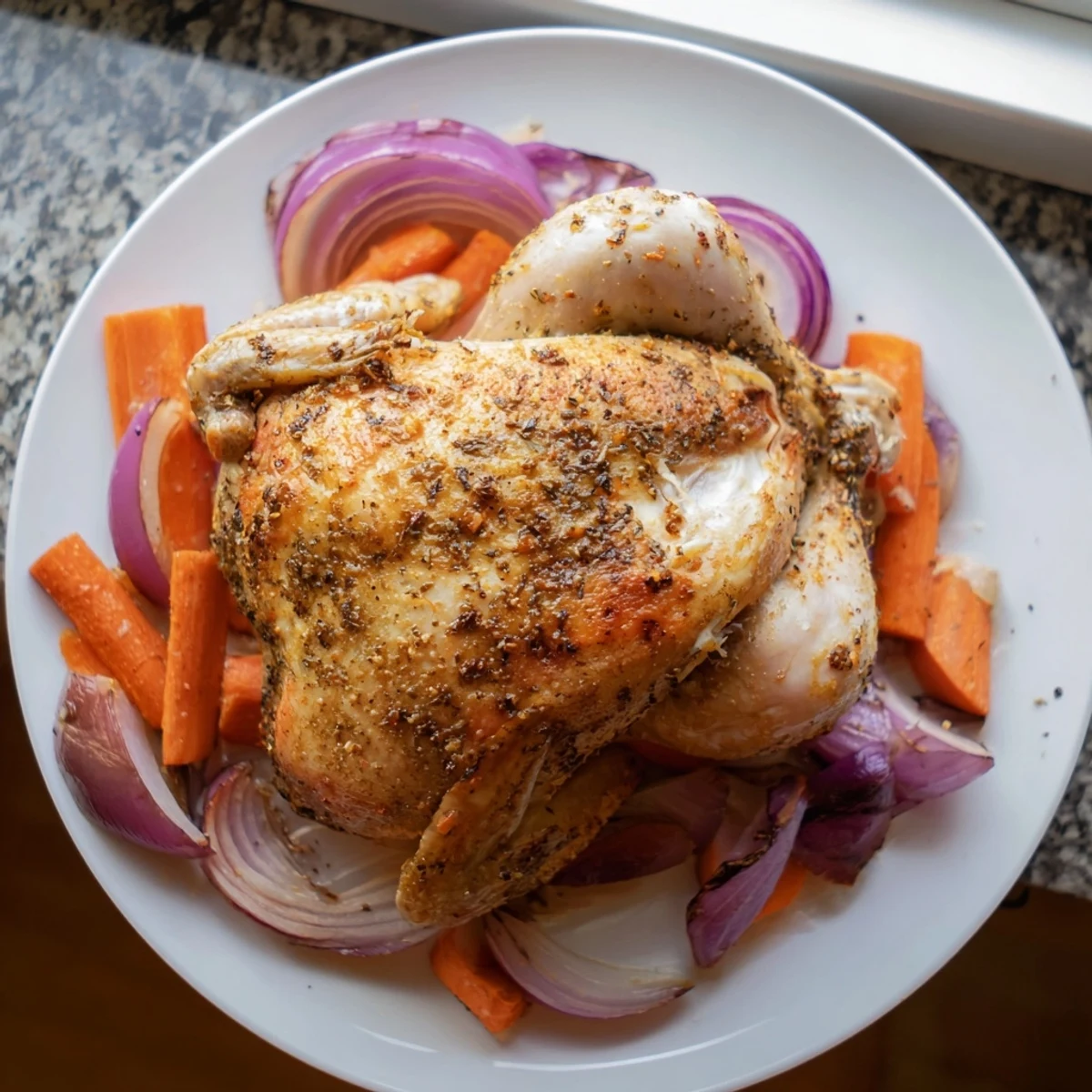 Succulent roasted zaatar chicken served with lemon wedges, ready to carve at a family dinner table.