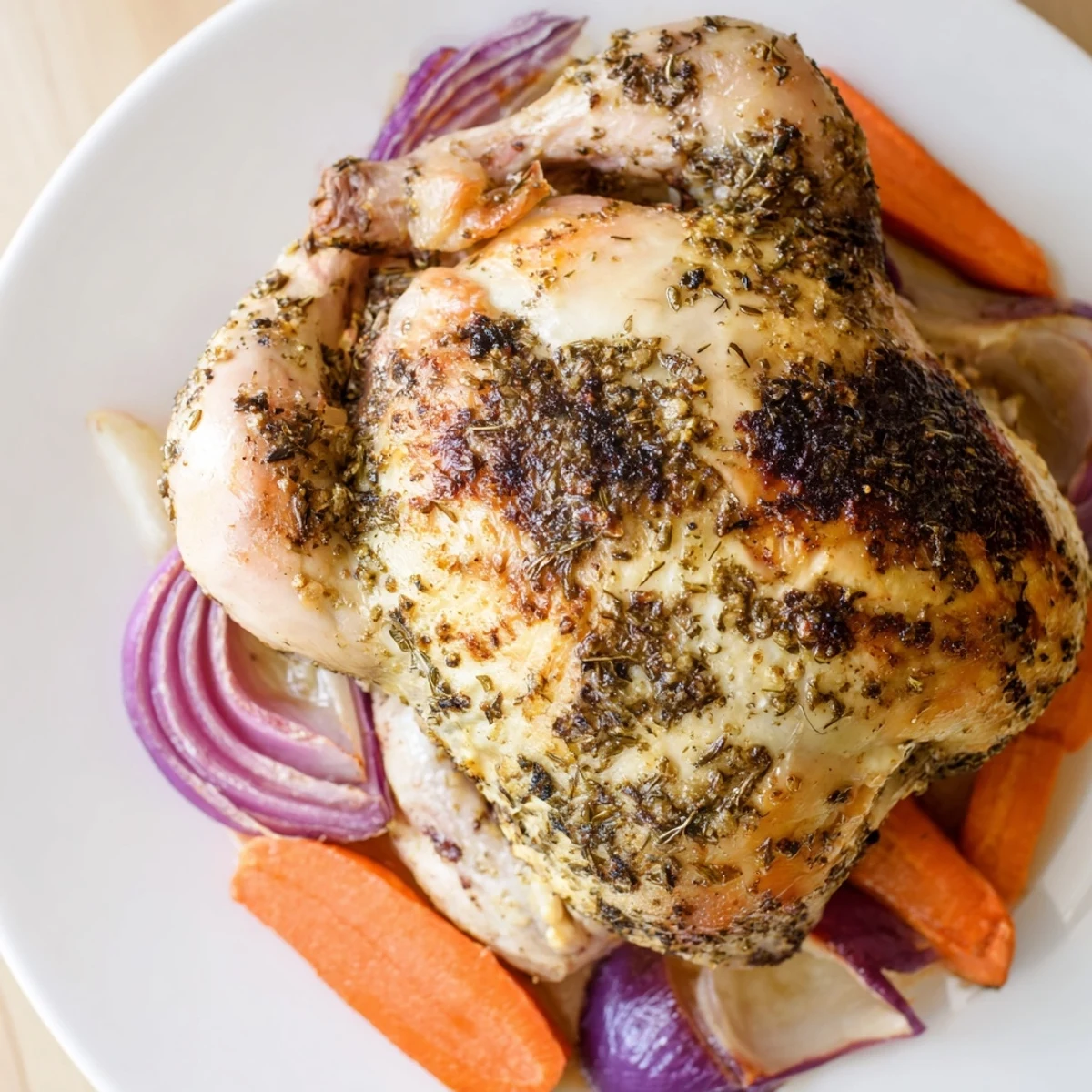 Roasted zaatar chicken resting on roasted vegetables, featuring carrots and onions in a warm, savory pan sauce.