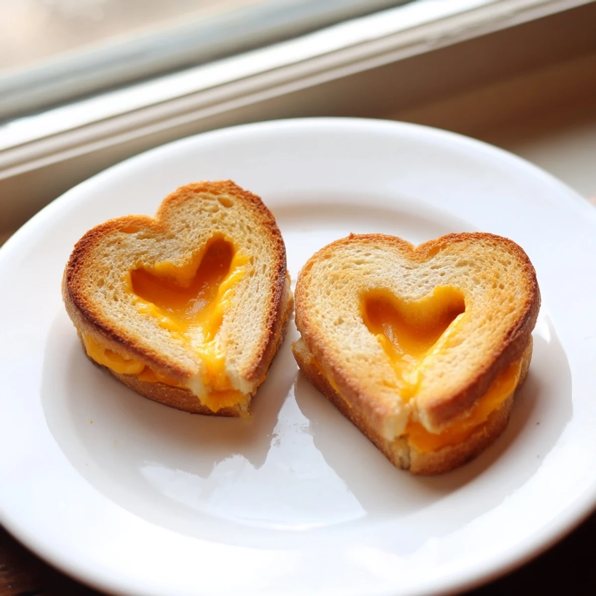 Twelve mini grilled cheese hearts sit on a white plate, their golden-brown crusts and melted cheddar centers glistening under warm light.