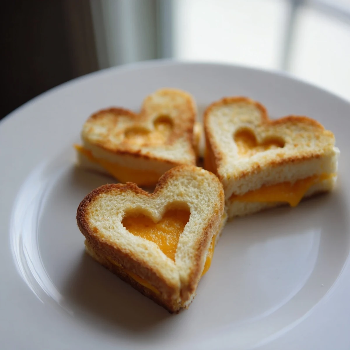 A heart-shaped cookie cutter rests beside freshly cut mini grilled cheese hearts, sliced tomatoes and herbs nearby for extra flavor.