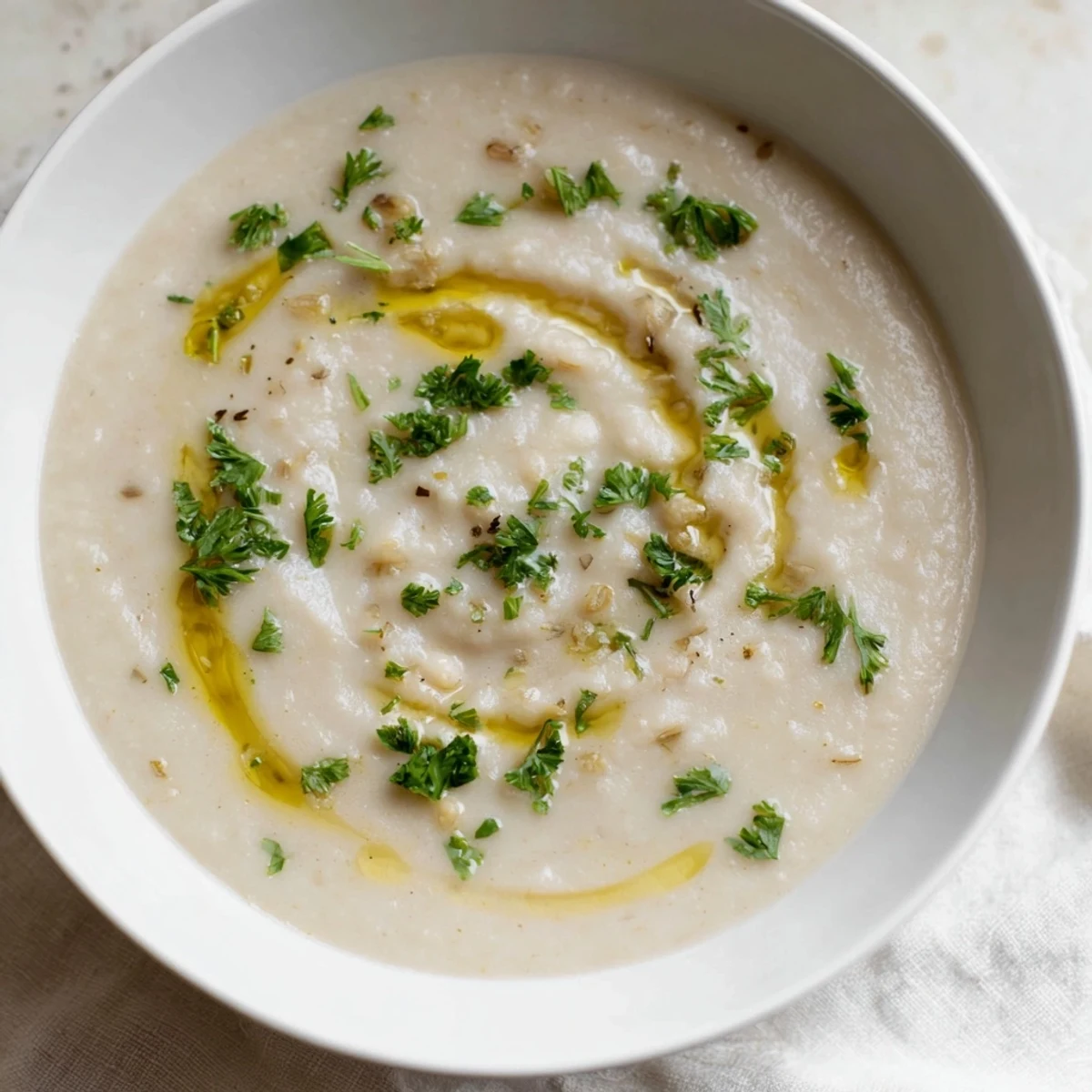 Creamy Rosemary and Roasted Garlic White Bean Soup steaming in a rustic bowl with crusty bread.