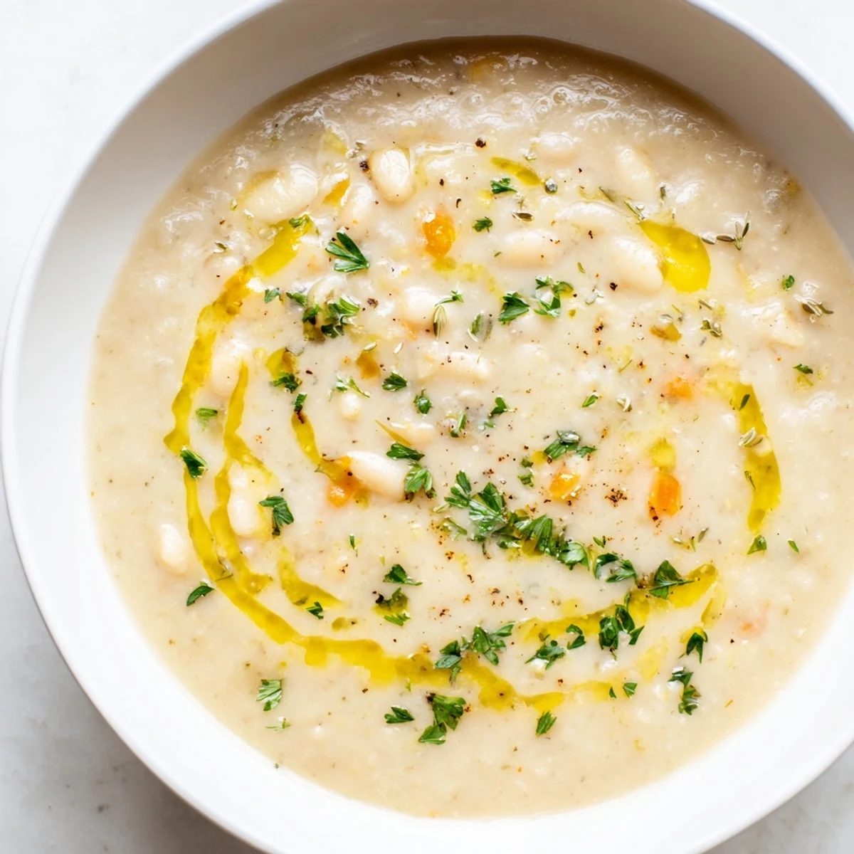 A close-up of garnished Rosemary and Roasted Garlic White Bean Soup, topped with fresh parsley and olive oil.