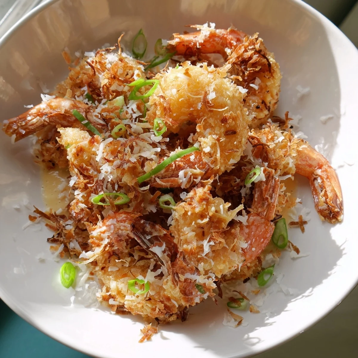 Golden Chinese Coconut Shrimp glistening with sweet coconut sauce, garnished with green onions and served alongside steamed jasmine rice.
