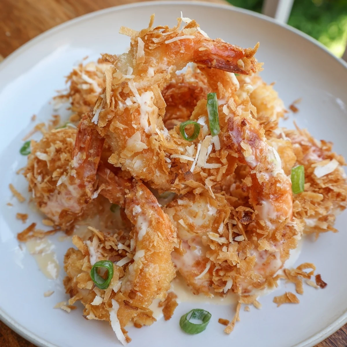 Close-up of Chinese Coconut Shrimp with crunchy shredded coconut breading, ready to be dipped into the rich coconut sauce.