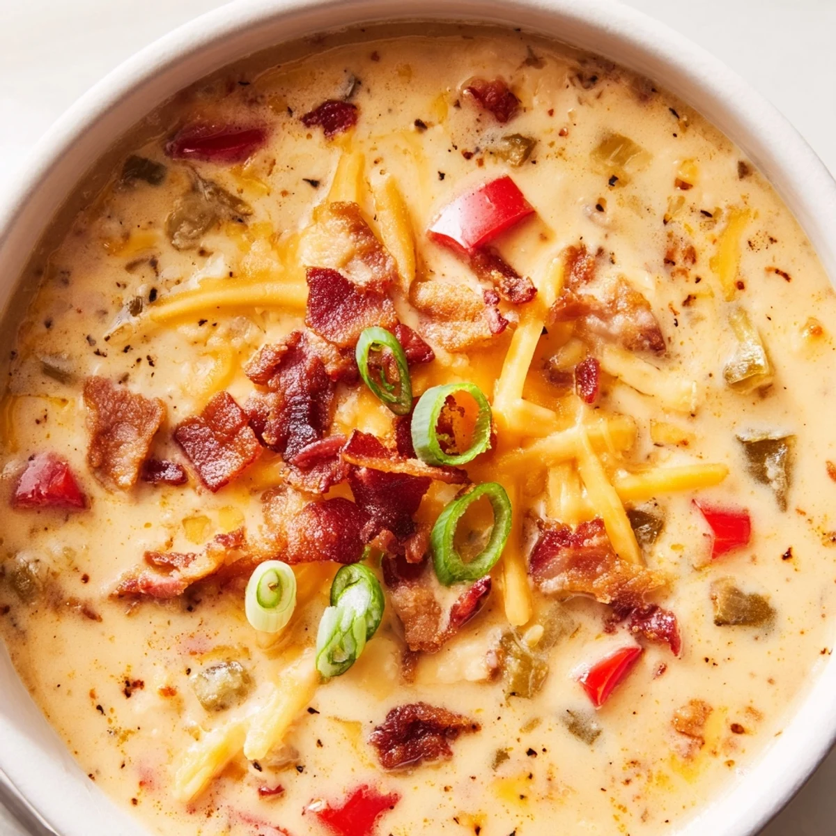 A bowl of creamy Spicy Jalapeño Popper Soup With Grilled Cheese Dippers topped with green onions.