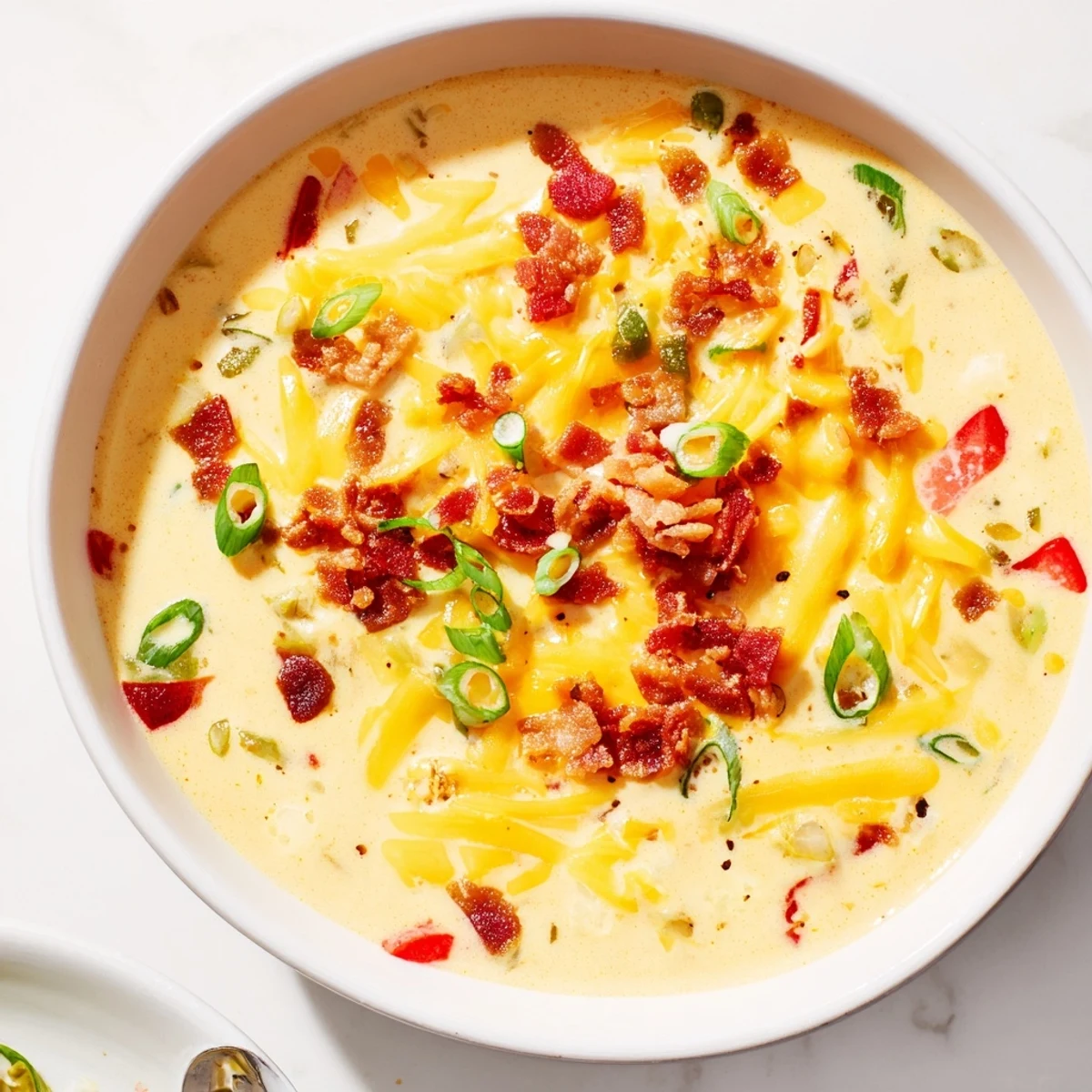 Close-up view of rich Spicy Jalapeño Popper Soup With Grilled Cheese Dippers garnished with optional crumbled bacon.