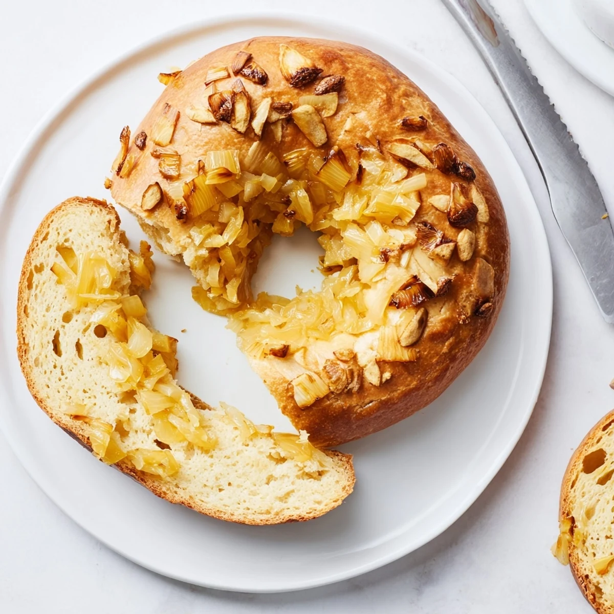 Golden-brown Sourdough Onion Bagels fresh from the oven, topped with deeply caramelized onions and resting on a wooden cutting board.