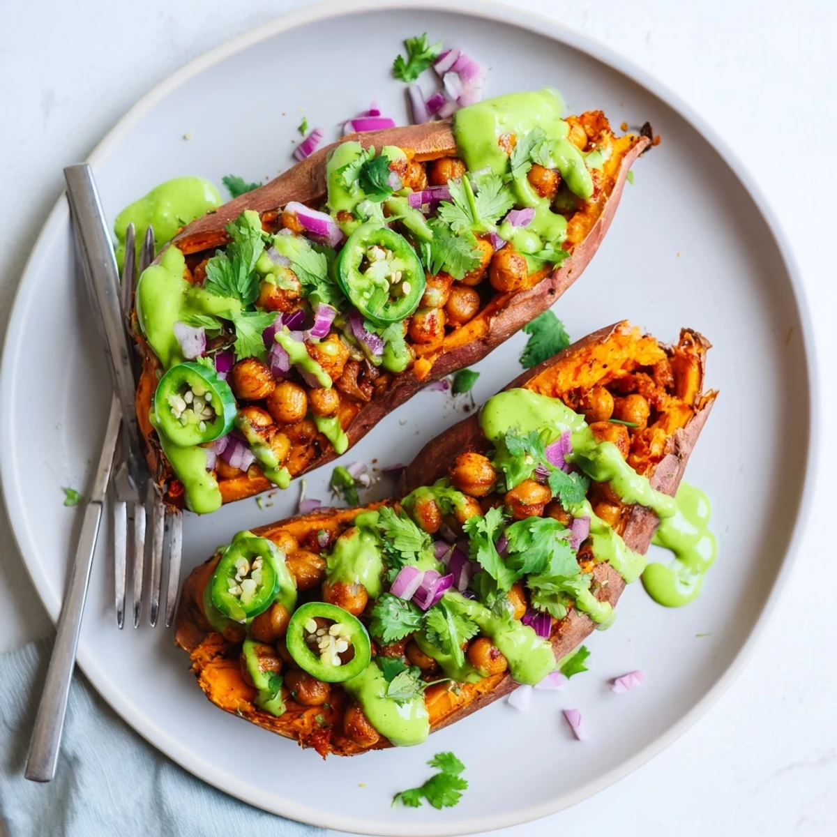 Roasted sweet potatoes filled with smoky BBQ chickpeas and creamy avocado-lime drizzle for a hearty vegan meal.