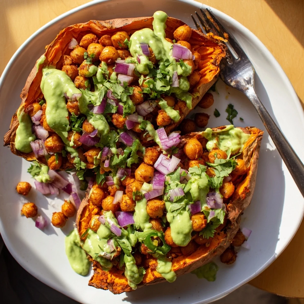 Vegan BBQ Chickpea Sweet Potatoes served hot with fresh cilantro and jalapeño slices for a spicy kick.