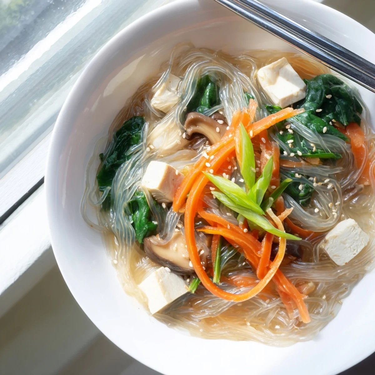 Golden Japanese Harusame Noodle Soup steams in a ceramic bowl, revealing glass noodles, julienned carrots, and tender shiitake mushrooms.