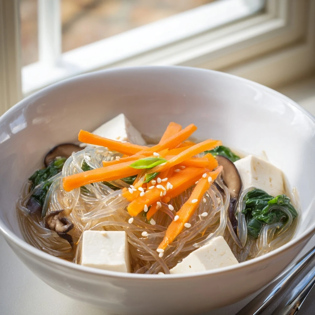Serve Japanese Harusame Noodle Soup garnished with green spring onions and toasted sesame seeds for a comforting, healthy meal.