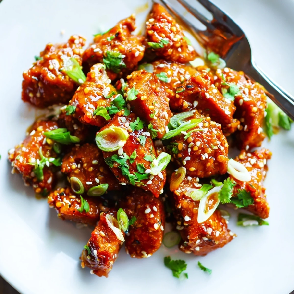 A close-up of tender Thai chicken pieces tossed in a glossy sauce, with lime wedges and green onions for a fresh finish.