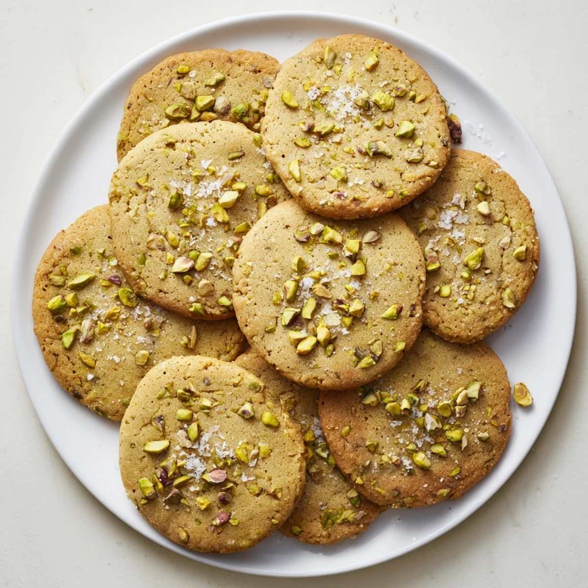Freshly baked Salted Honey Pistachio Cookies cooling on a wire rack with golden edges and visible nutty chunks.