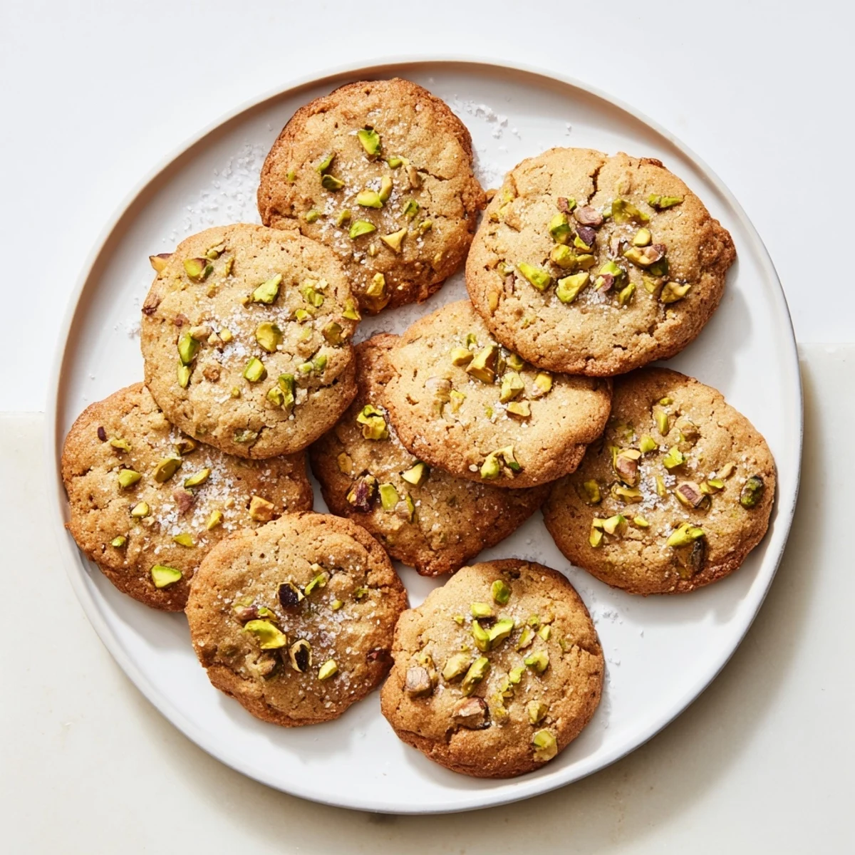Salted Honey Pistachio Cookies arranged on a rustic wooden board, perfect with a cup of hot tea or coffee.