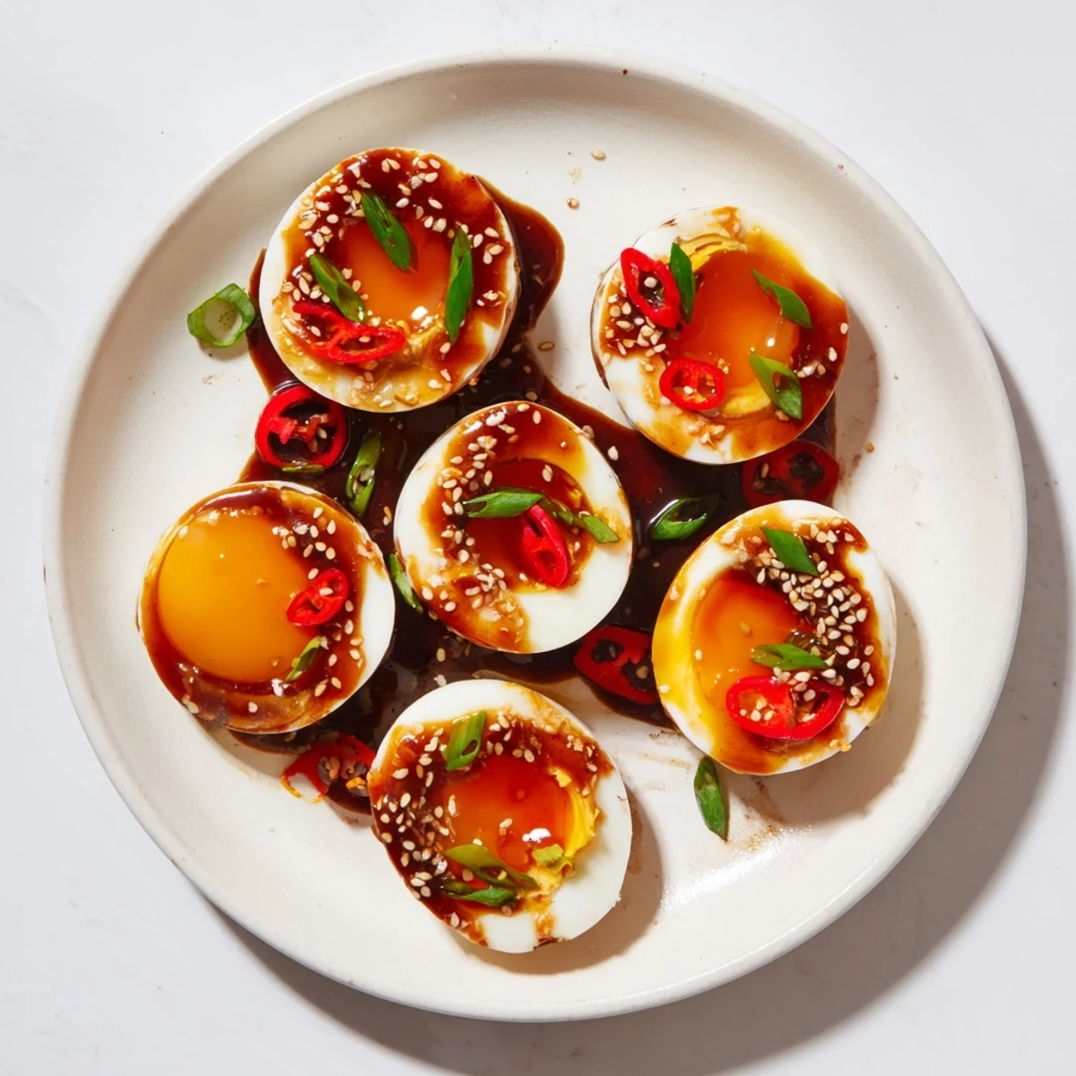 Soft-boiled Korean Marinated Eggs with jammy yolks, glazed in a sweet and savory soy sauce with sesame seeds.