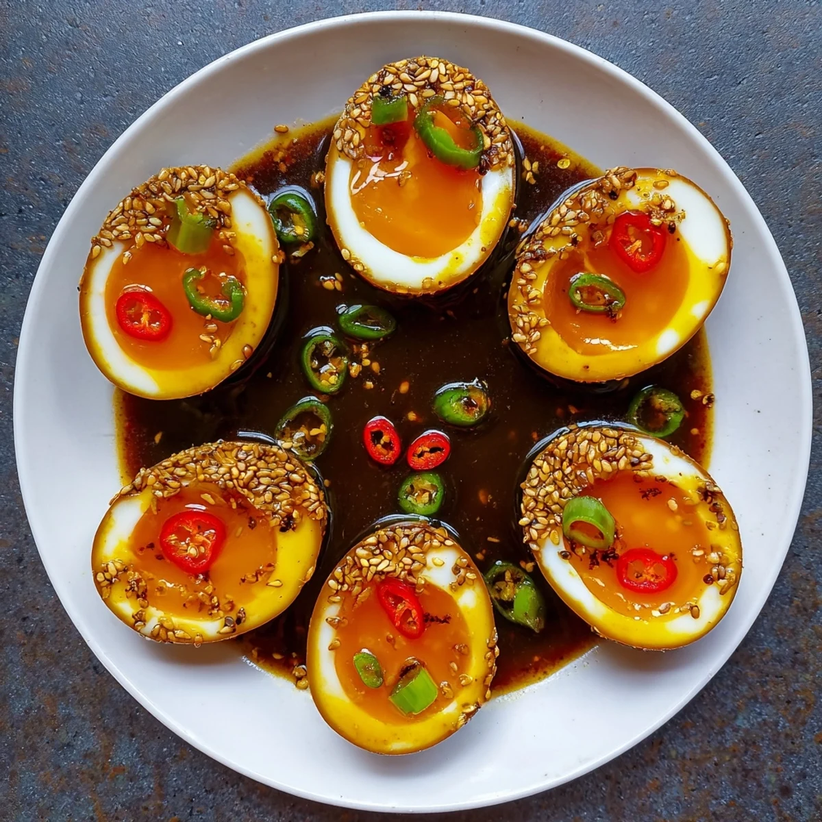 Six Korean Marinated Eggs served on a plate, garnished with green onions and chili slices for a spicy kick.