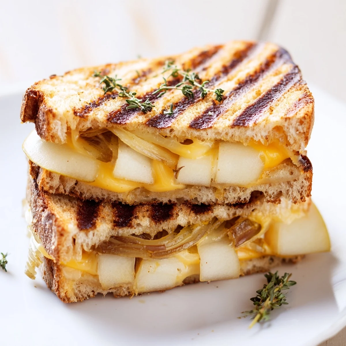Golden grilled cheese sandwiches with melted cheddar, sliced pear and apple, and sweet caramelized onions on buttery sourdough.  