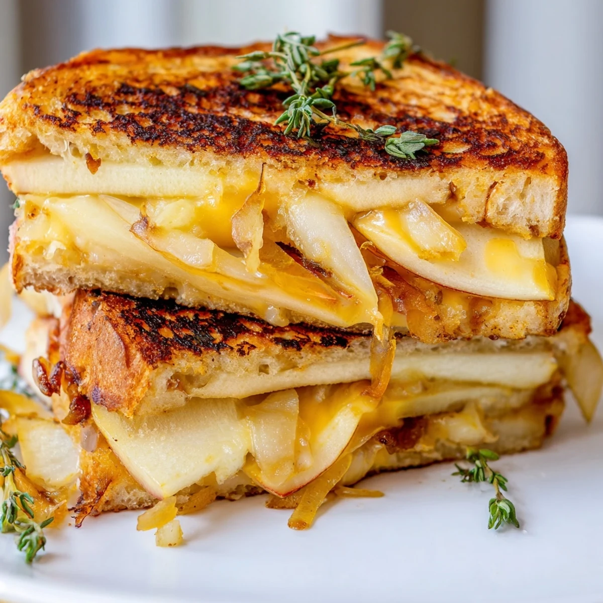 A close-up of the Pear, Apple & Grazed Cheese with Caramelized Onions, served warm with fresh thyme garnish.  