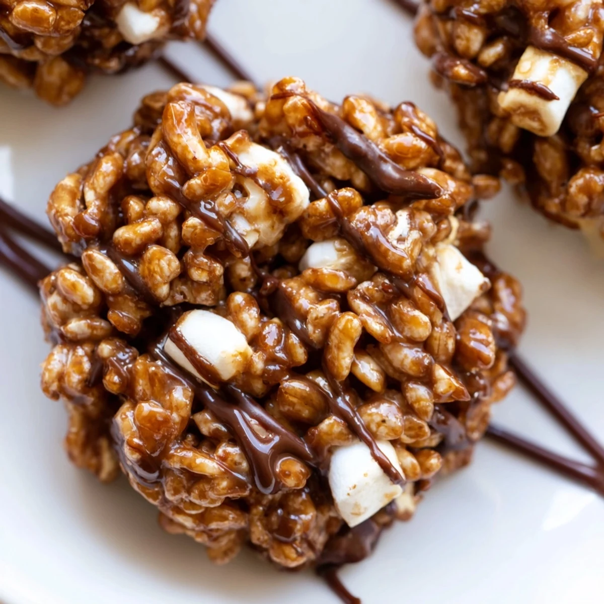 Stacked No Bake Coffee Crunch Rice Krispie Cookies on a rustic plate, surrounded by a steaming mug of coffee for a cozy American dessert snack.