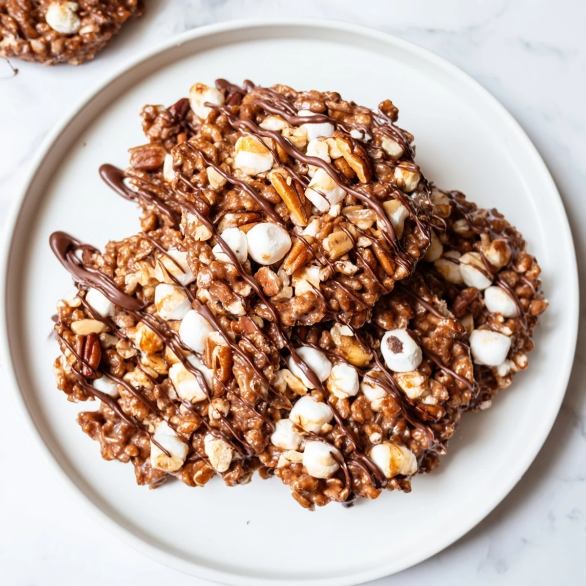 A close-up of No Bake Coffee Crunch Rice Krispie Cookies reveals glossy espresso glaze, toasted pecans, and marshmallow bits, perfect for coffee lovers.