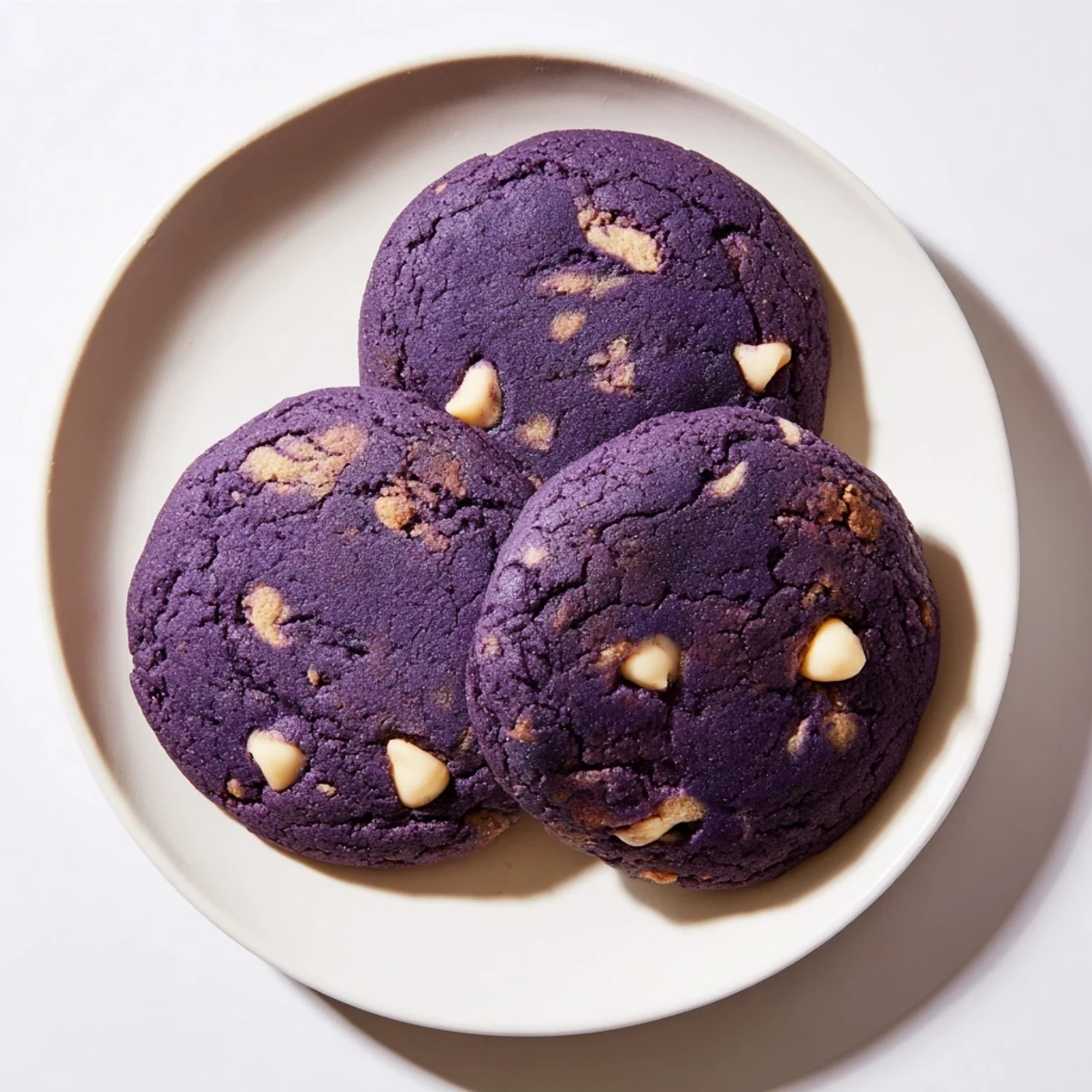 Freshly baked White Chocolate Ube Cookies with vibrant purple dough and creamy white chocolate chips on a cooling rack.
