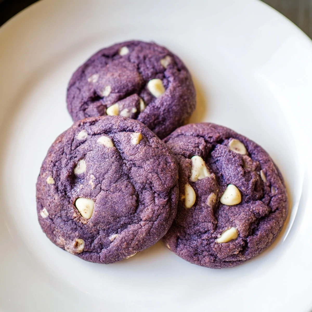 A close-up of soft and chewy White Chocolate Ube Cookies showing the rich purple interior and melted white chocolate chunks.