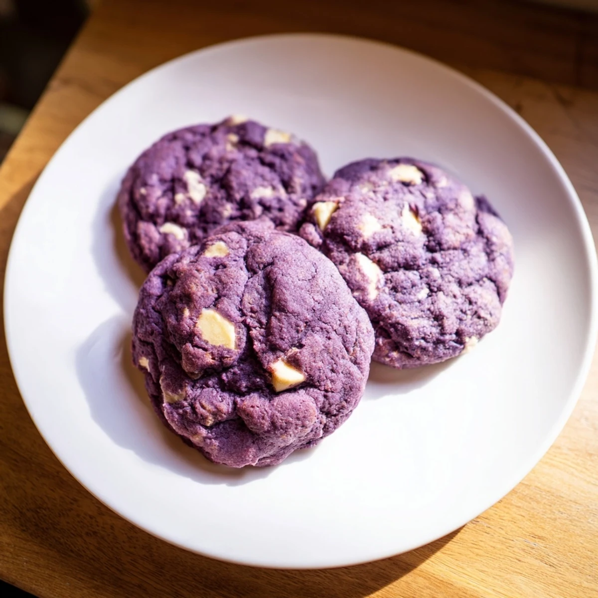 Stack of warm Filipino-inspired White Chocolate Ube Cookies on a rustic wooden board, ready to be enjoyed with milk.