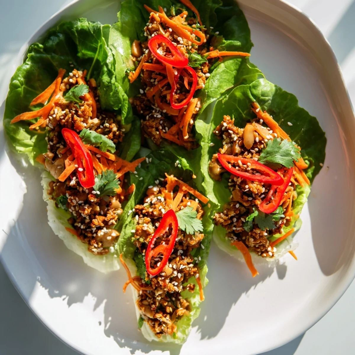Freshly cooked Potsticker Chicken Lettuce Boats filled with savory chicken and crisp vegetables on a white plate.