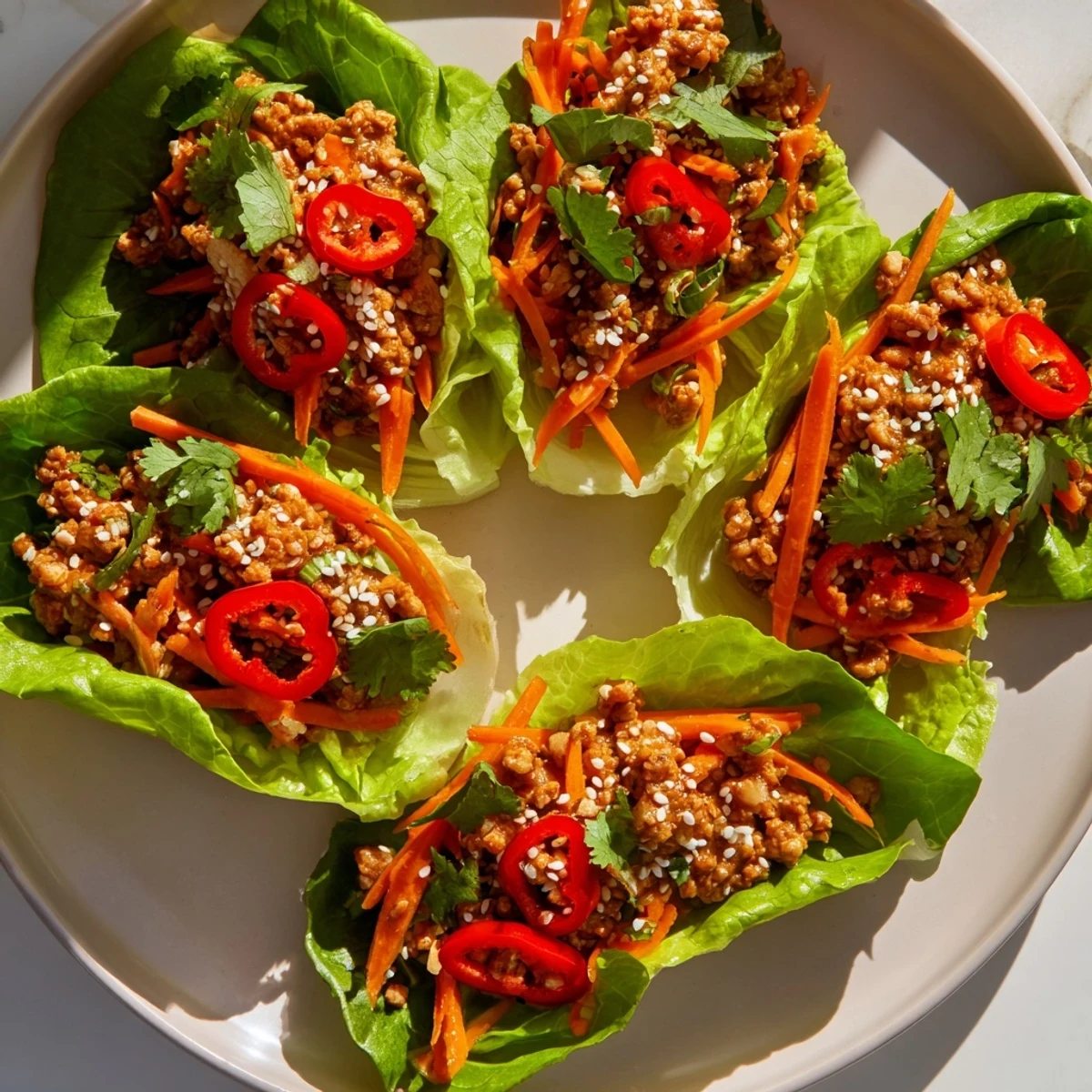Potsticker Chicken Lettuce Boats served as an easy low-carb main dish with sesame seeds and cilantro garnish.