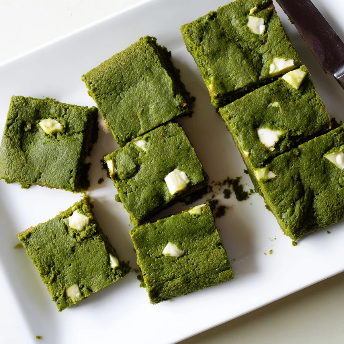 A close-up of Matcha Brownies cut into squares, showing a fudgy green crumb with white chocolate chunks.