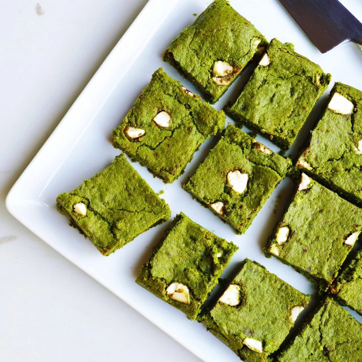 Freshly baked Matcha Brownies on a cooling rack, dusted with powdered sugar for a sweet finish.