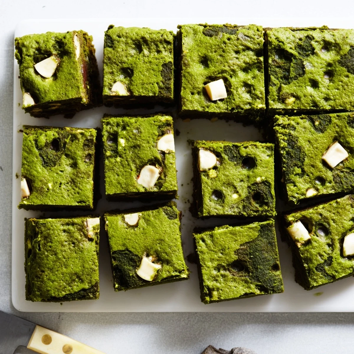 Sliced Matcha Brownies on a dessert plate with a cup of tea, ready for a Japanese-inspired treat.