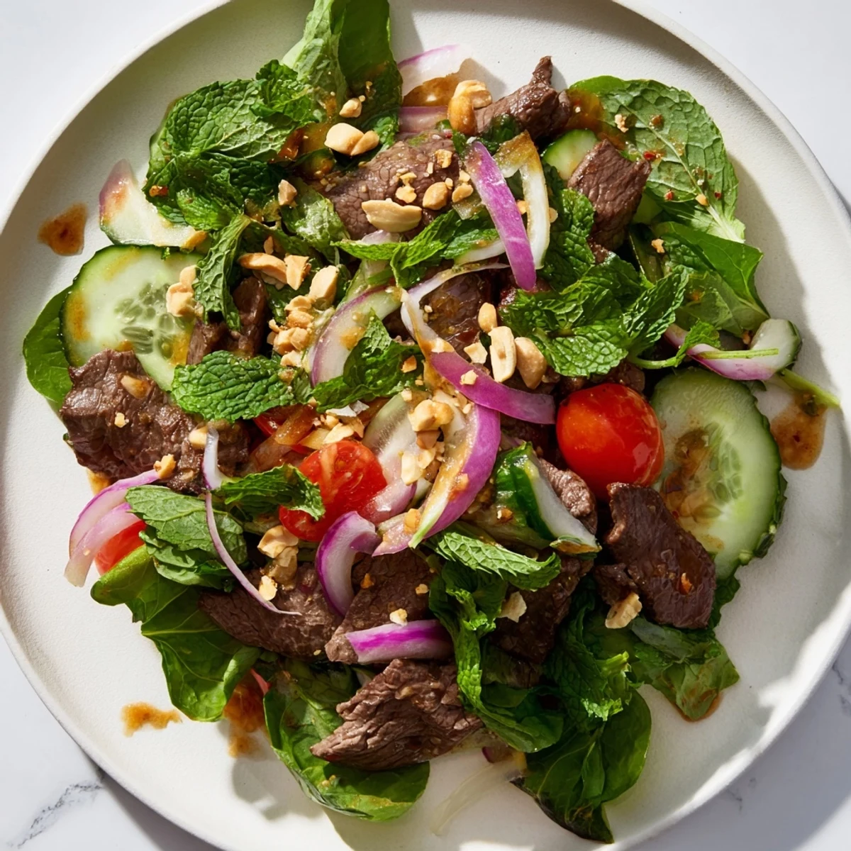 Fresh Vietnamese Beef and Watercress Salad with juicy seared beef, crisp greens, and a tangy lime dressing on a rustic plate. 